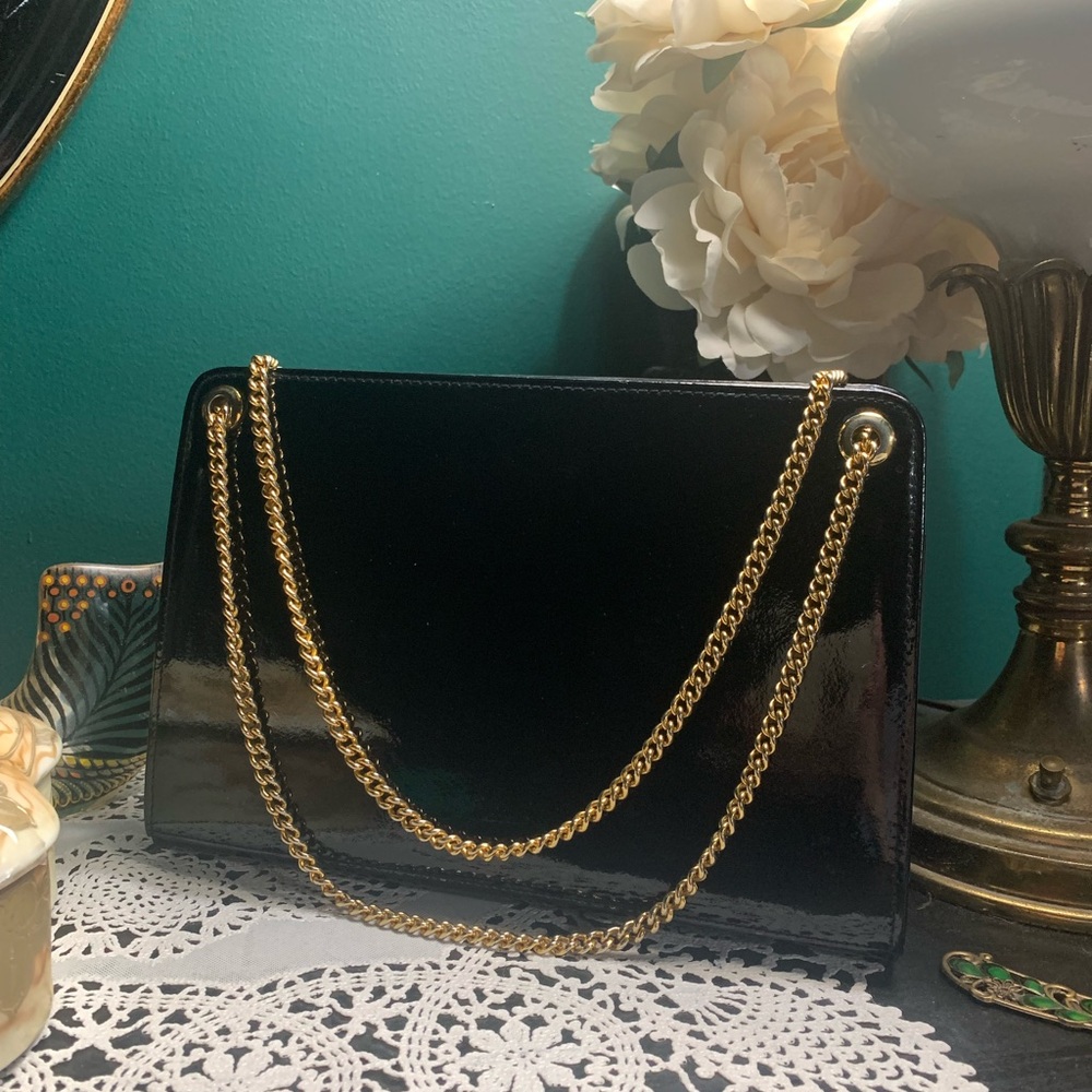 SAKS FIFTH AVENUE Vintage Patent Leather Box Handbag with Gold Chain